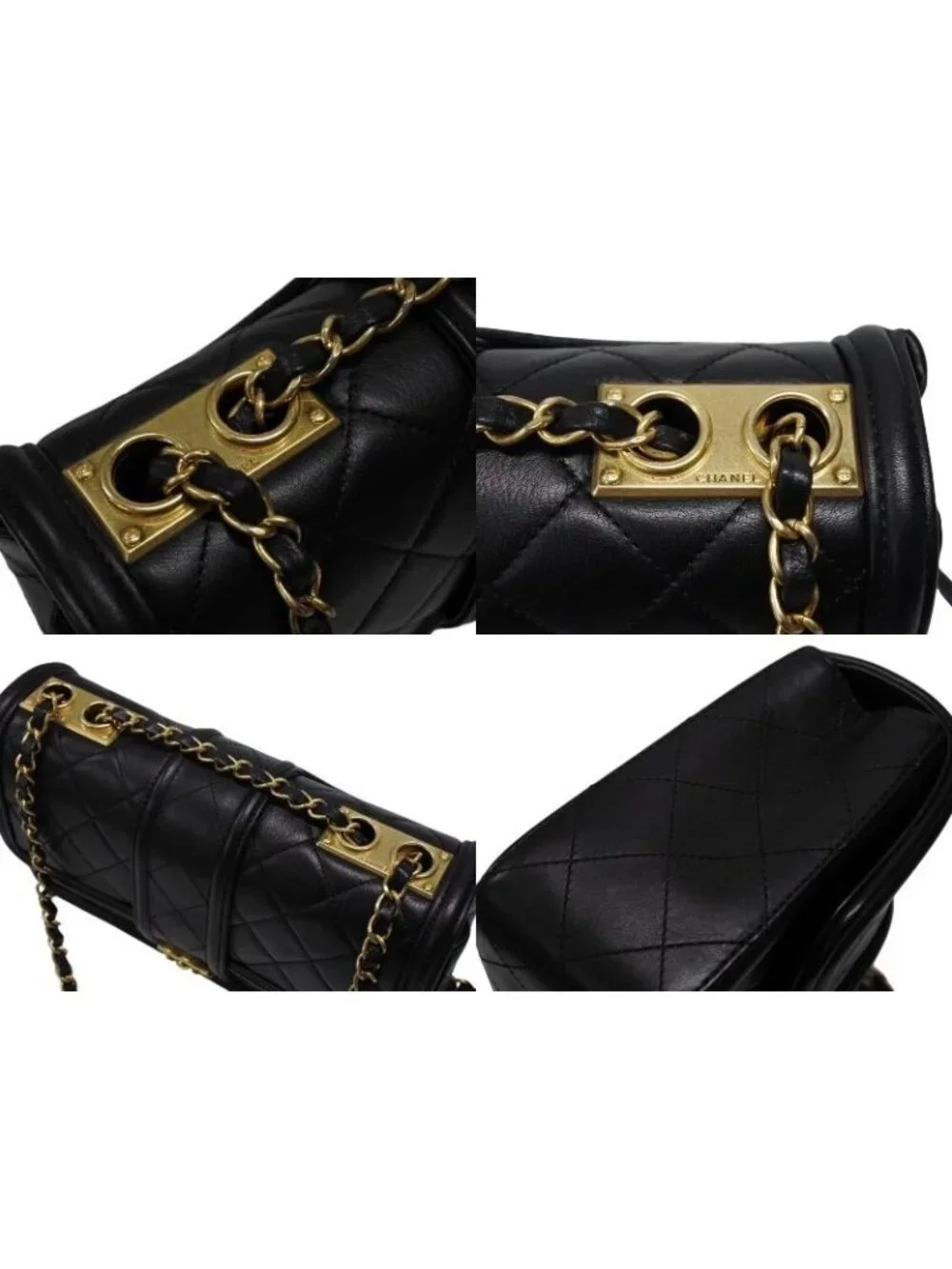 Chanel S Flap Chain Shoulder Bag CC Logo Lambskin Black Gold